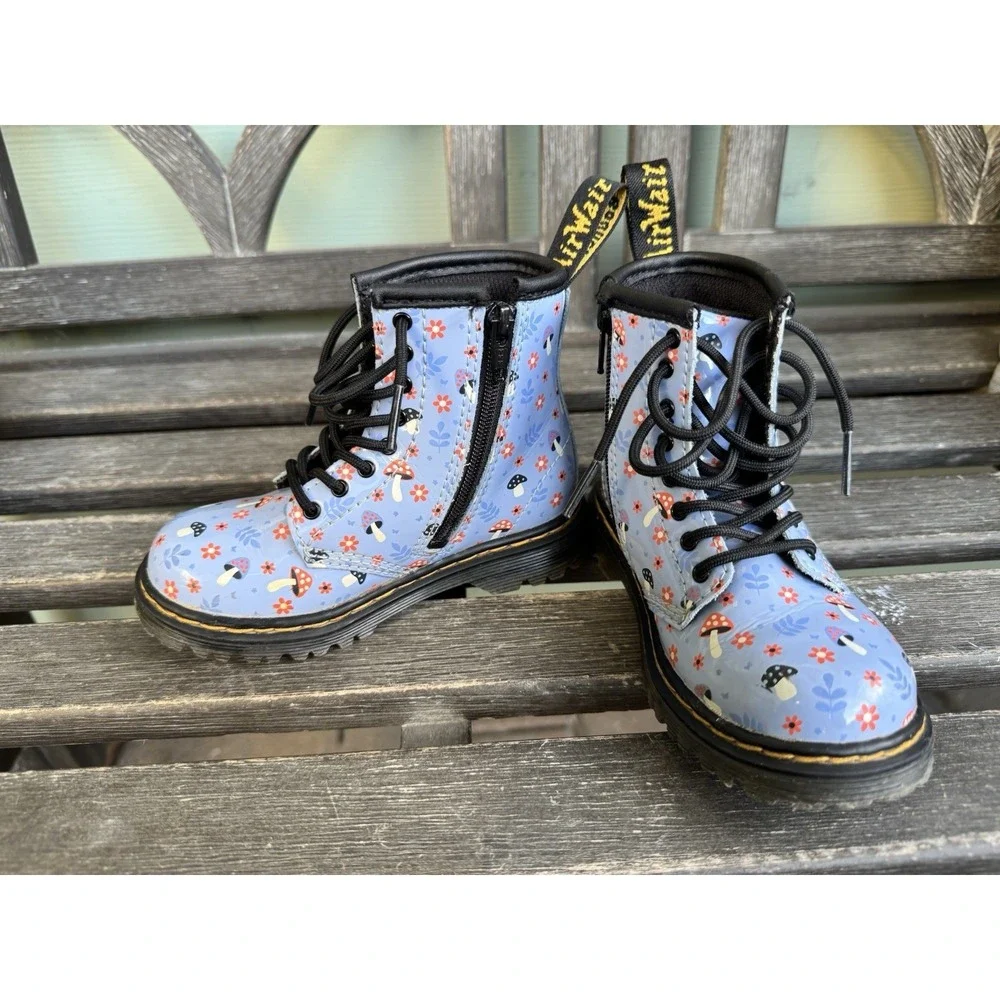 Dr. Doc Martens Woodland Blue Floral Mushroom Bloom Lace Up Zip Boots Kids US 8